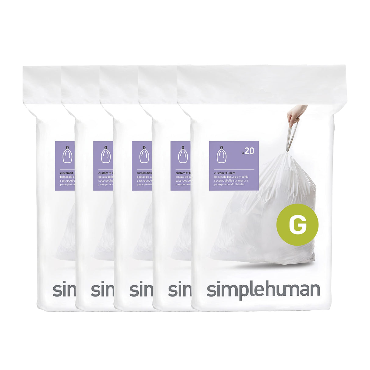 simplehuman Code G 100 Count, Dispenser Pack Custom Fit Liners, Drawstring Trash Bags, 30 Liter / 8 Gallon, White