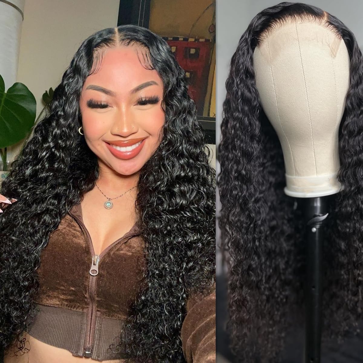 Josblue Deep Wave Lace Front Wigs Human Hair 180% Density 4x4 HD Transparent Lace Closuret Wet and Wavy Human Wigs for Black Women Pre Plucked with Baby Hair Nature Color