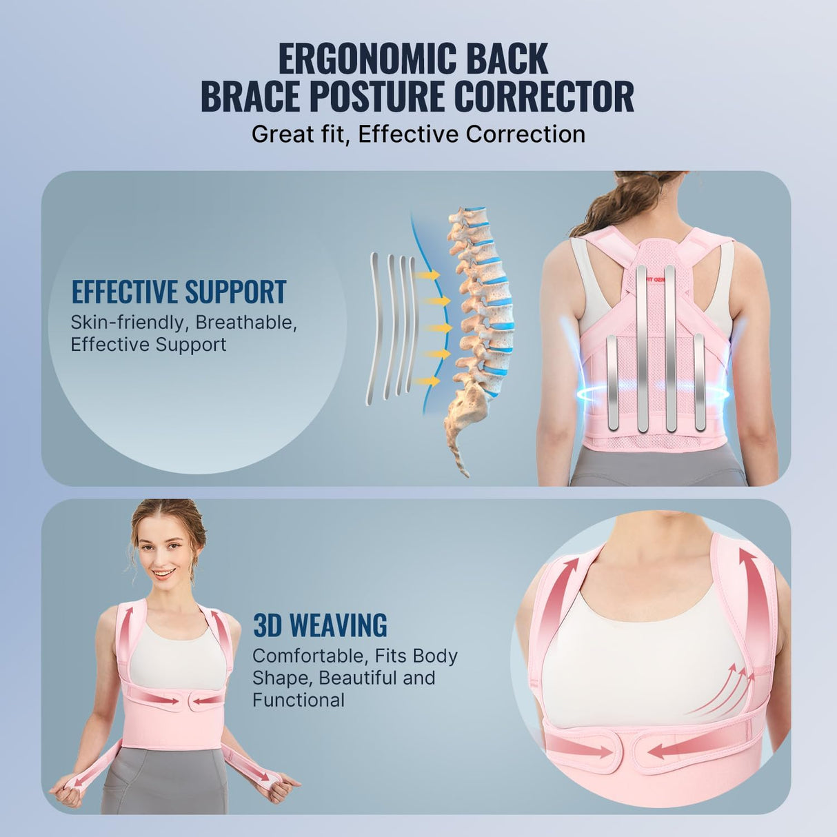 Fit Geno Back Brace and Adjustable Posture Corrector And Trainer for Women and Men, Back Straightener, Scoliosis and Hunchback Correction, Back Pain, Spine Support, Pink, Medium (Waist 25-33 Inch)