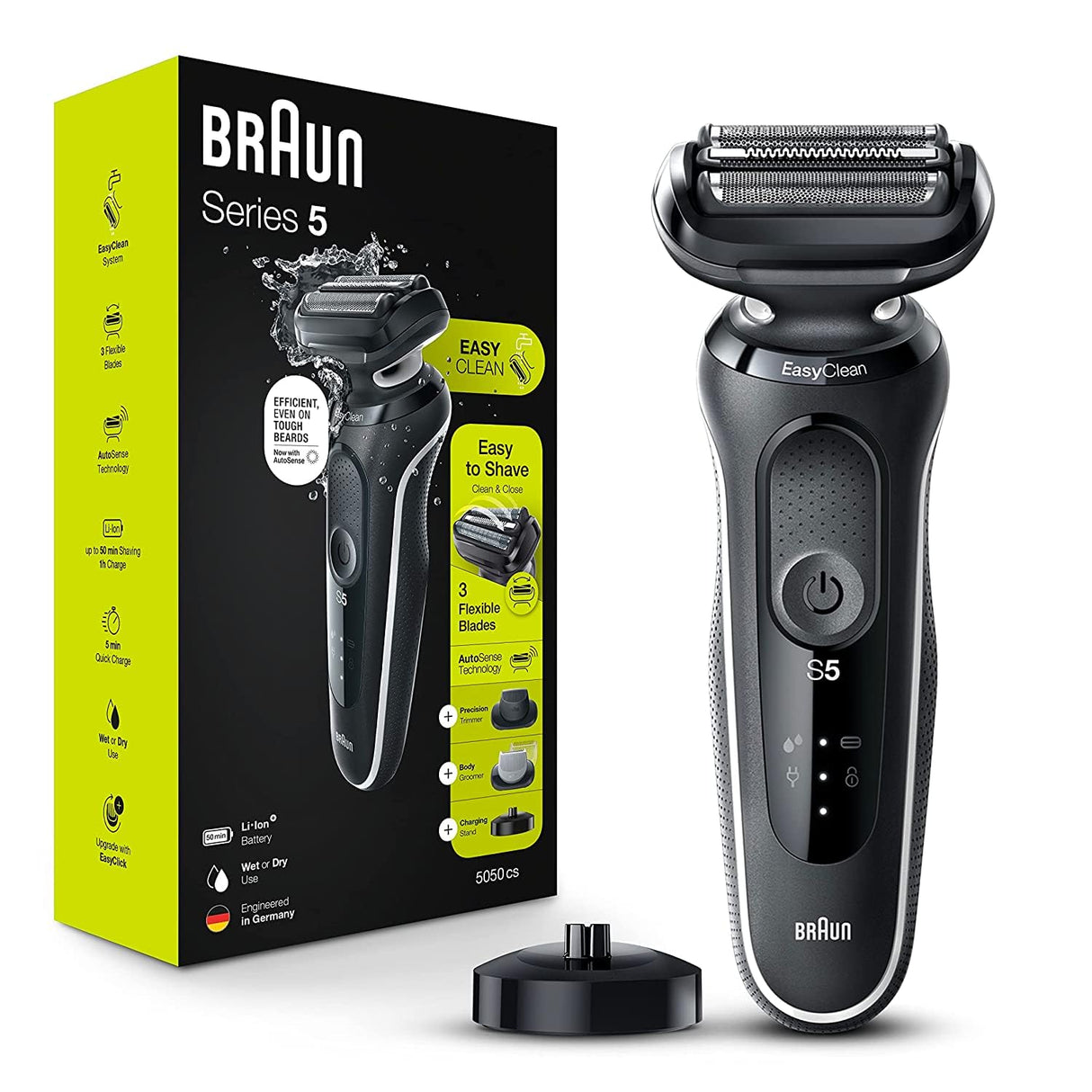 Braun Electric Razor for Men, Waterproof Foil Shaver, Series 5 5050cs, Wet & Dry Shave, with Beard Trimmer and Body Groomer, Rechargeable, Charging Stand Included, Blue