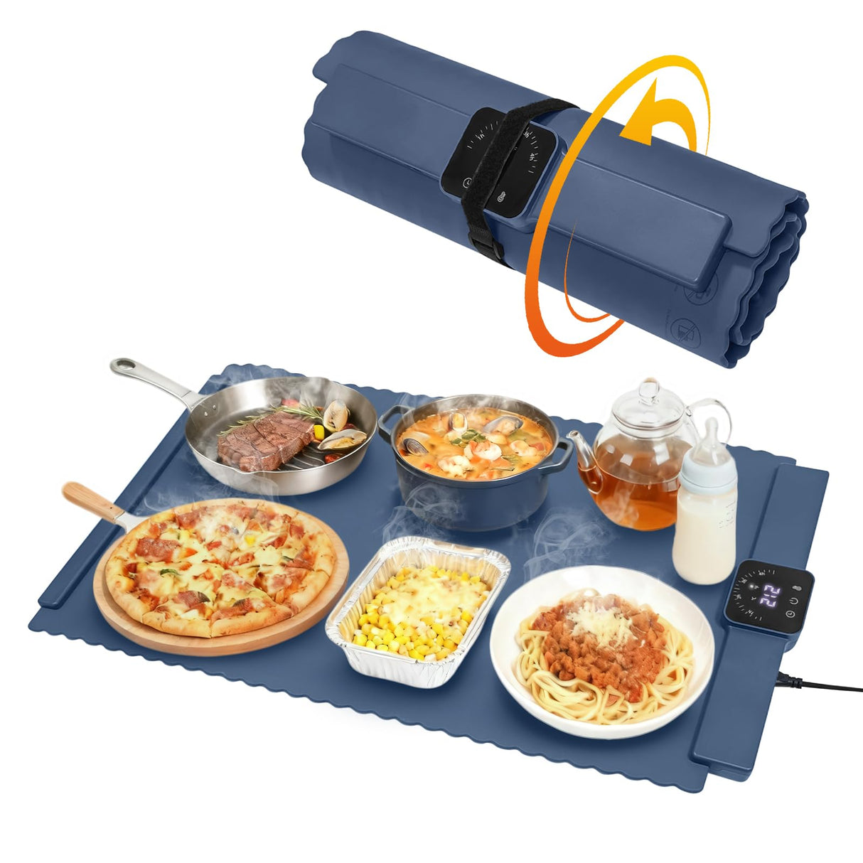 Warming Mat for Food 5 Temperature Settings Silicone Food Warming Mat Roll up Food Warmer with Full Surface Heating Warming Pad Electric Warming Tray for Buffets Party Home (Blue)
