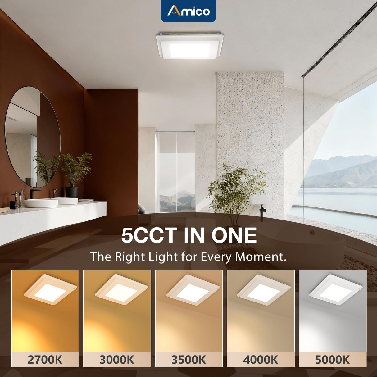 Amico Bathroom Exhaust Fan with Light, 80 CFM, 0.9 Sones, 1000LM, 5CCT, Easy Install, Ceiling Mount Shower Bathroom Fan, Adjustable Household Ventilation Fan, ETL & FCC Certified