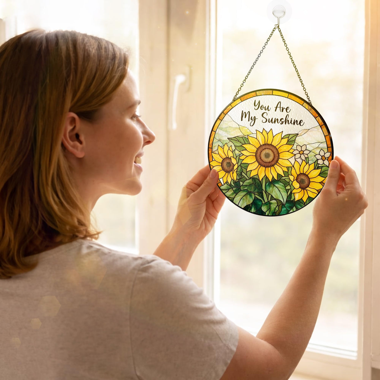 Sunflower Gifts for Women - Mothers Day, Birthday Gifts for Mom, Grandma, Mama, Step Mom, Mother in Law from Daughter Son - Sunflowers Suncatcher Stained Glass Window Hanging Decor