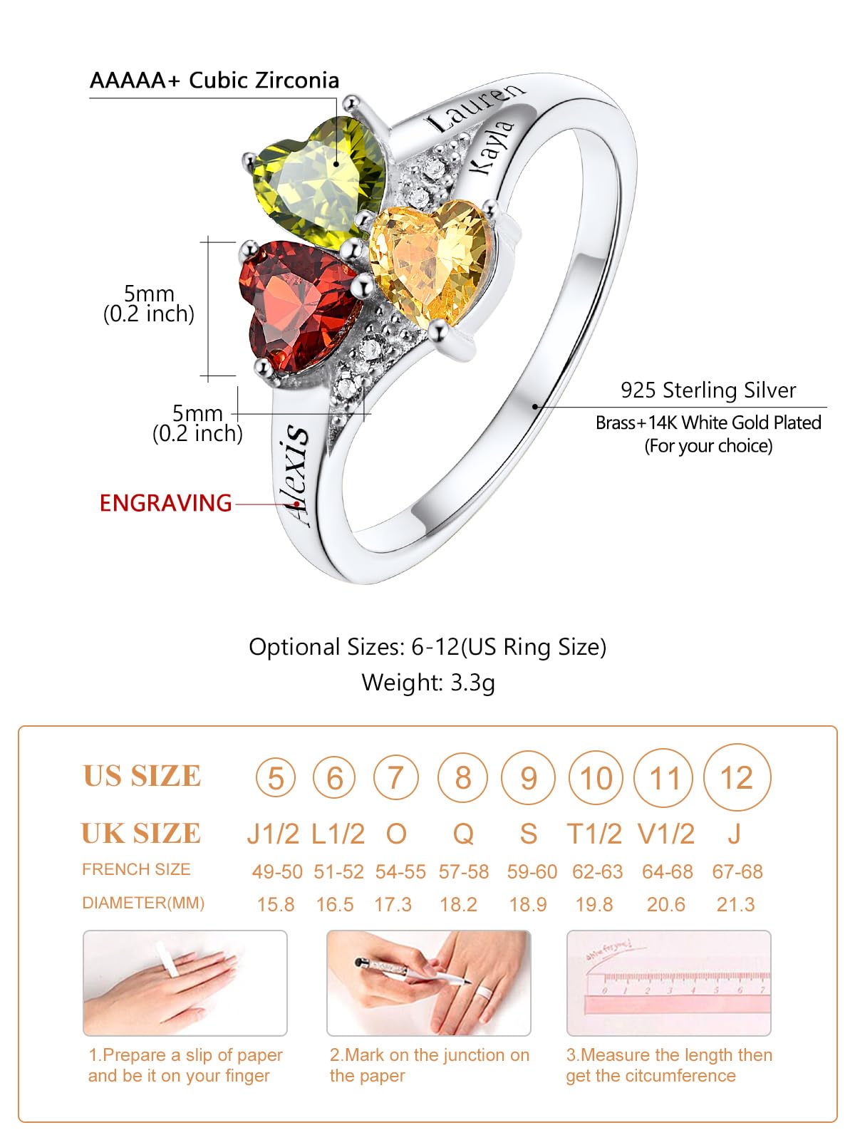 Custom4U Personalized Mothers Ring 3 Birthstones Rings for Women Custom