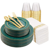 FLOWERCAT 175PCS Marrs Green Plastic Plates with Gold Rim&Christmas Plates&Green and Gold plastic Plates&Gold Plastic Silverware - Ideal for Wedding,Spring Party,St. Patrick's Day