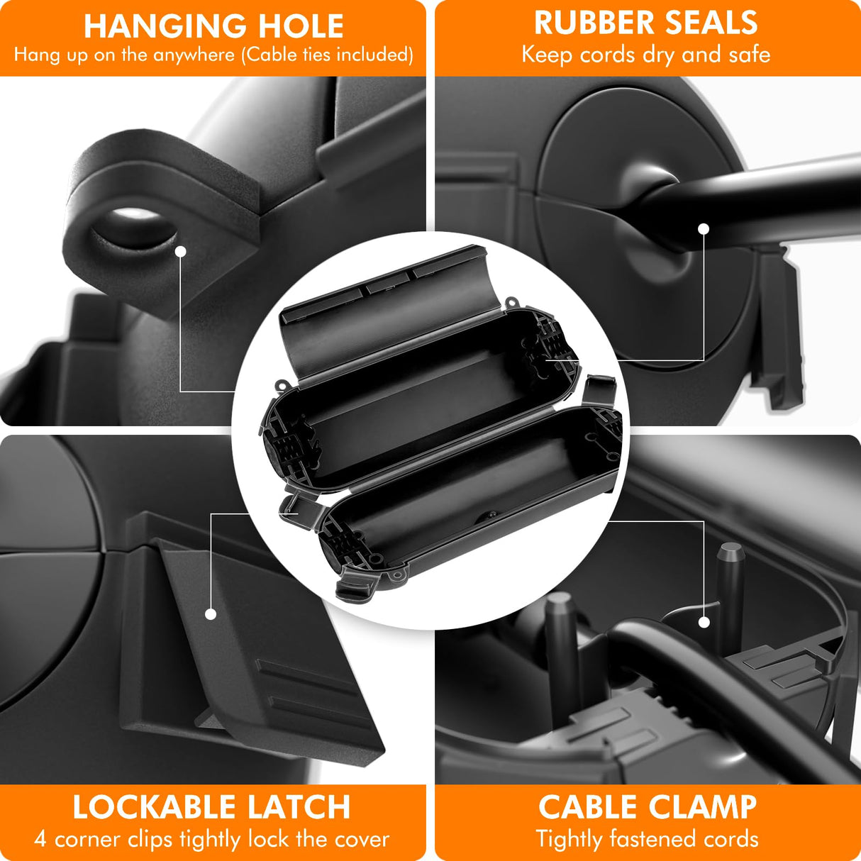 RESTMO IP54 Extra Large Outdoor Box w/ 6 Cable Seal Entry, Bundle w/ 4 Small Weatherproof Extension Cord Safety Cover, Protect Power Strip, Timer Outlet Plug, Christmas Decoration, Black.