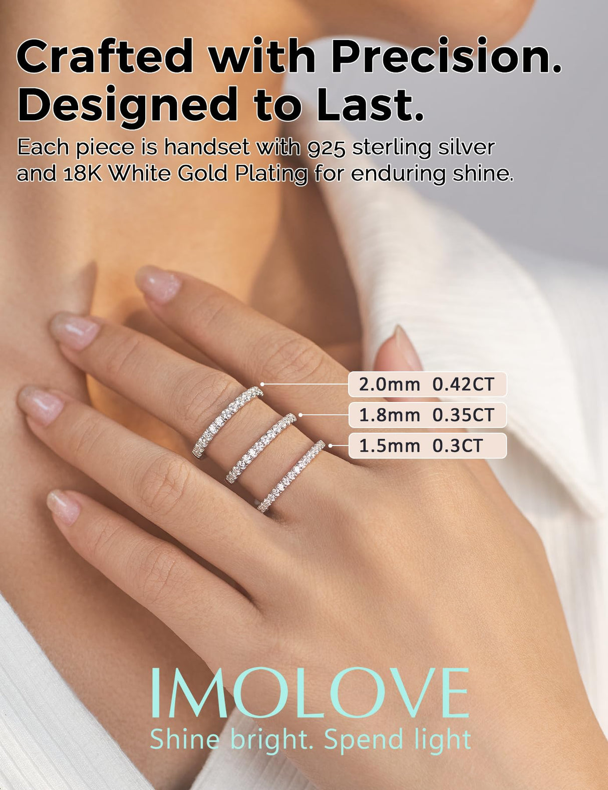IMOLOVE Lab Grown Diamond Wedding Bands for Women, 0.42 Carat Eternity Rings in 18K White Gold Plated Sterling Silver Size 6.5