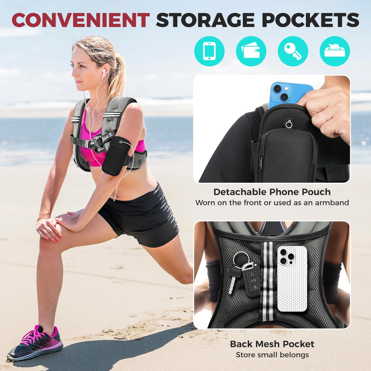 BAGAIL Weighted Vest, 5lbs/10lbs/12lbs/15lbs/20lbs/25lbs/30lbs Weight Vest with Detachable Phone Pouch, Rucking Vest for Women, Men, Walking, Weight Loss, Training, Running