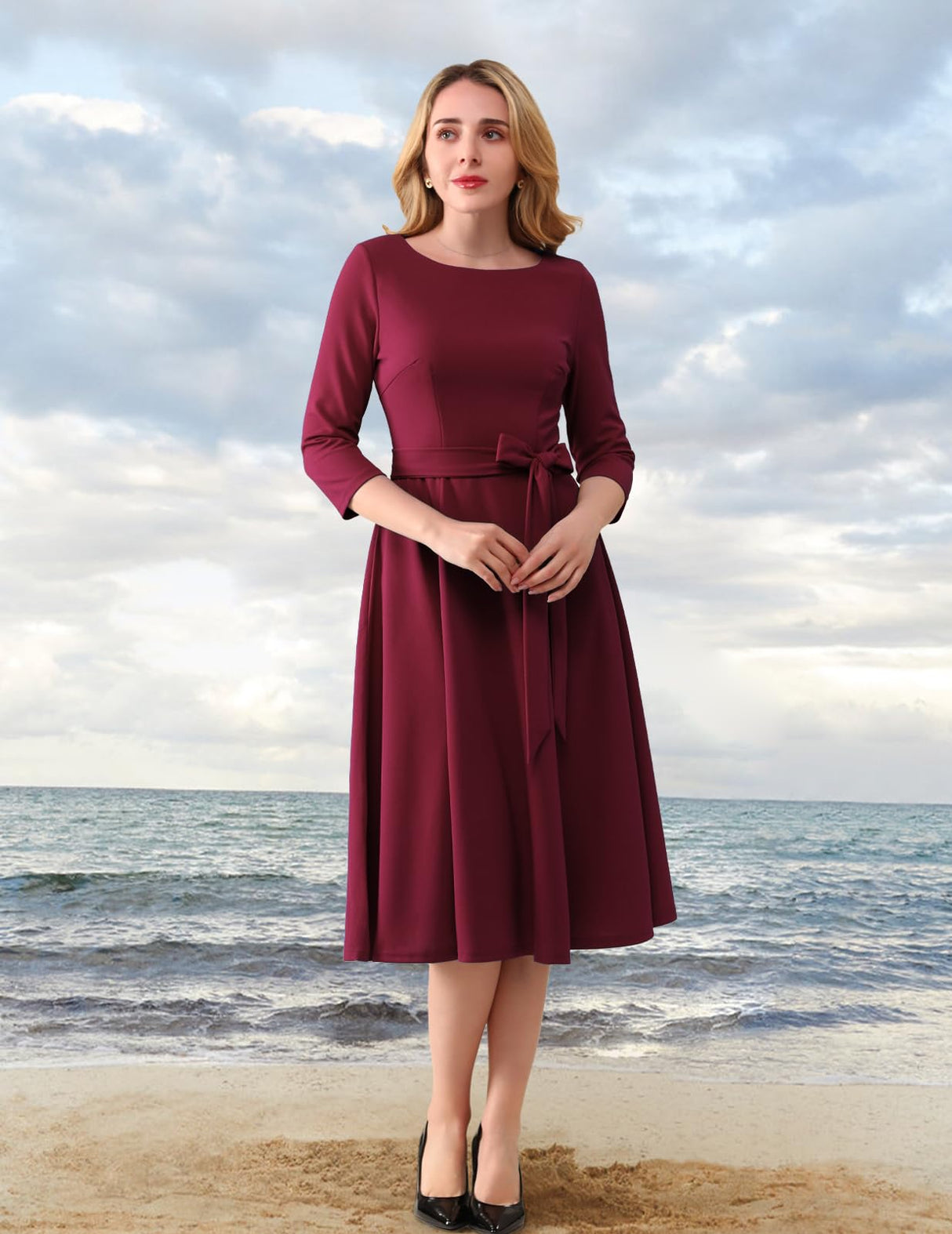 DRESSTELLS Christmas Holiday Party Dress for Women, Wedding Guest Cocktail Formal Dresses 3/4 Long Sleeve Mother of Bride Bridesmaid Eveing Gown Gala Porm Tea Aline Swing, Burgundy L