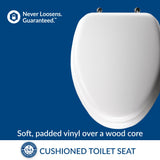 Mayfair Padded Toilet Seat with Chrome Hinges, Soft Vinyl over Wood Core Seat, Made in USA, Elongated, White