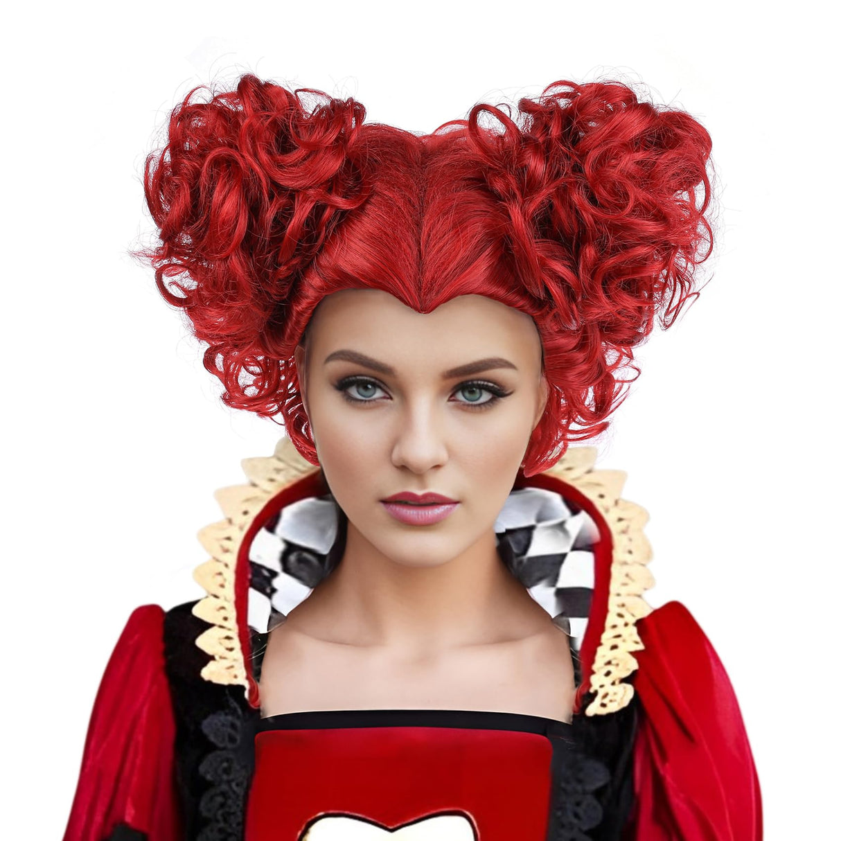 MUPUL Red Queen Wig with Crown Costume Girls Women Two Buns Heat Resistant Synthetic Hair for Halloween Christmas Party