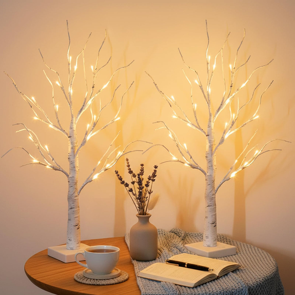 EAMBRITE Lighted Birch Tree Home Decor, Christmas Decorations Indoor 2Pack 24 LED Light Up Tabletop Mini Small Artificial White Trees Lamp with Lights Battery Operated/USB for Table Mantel (2FT)