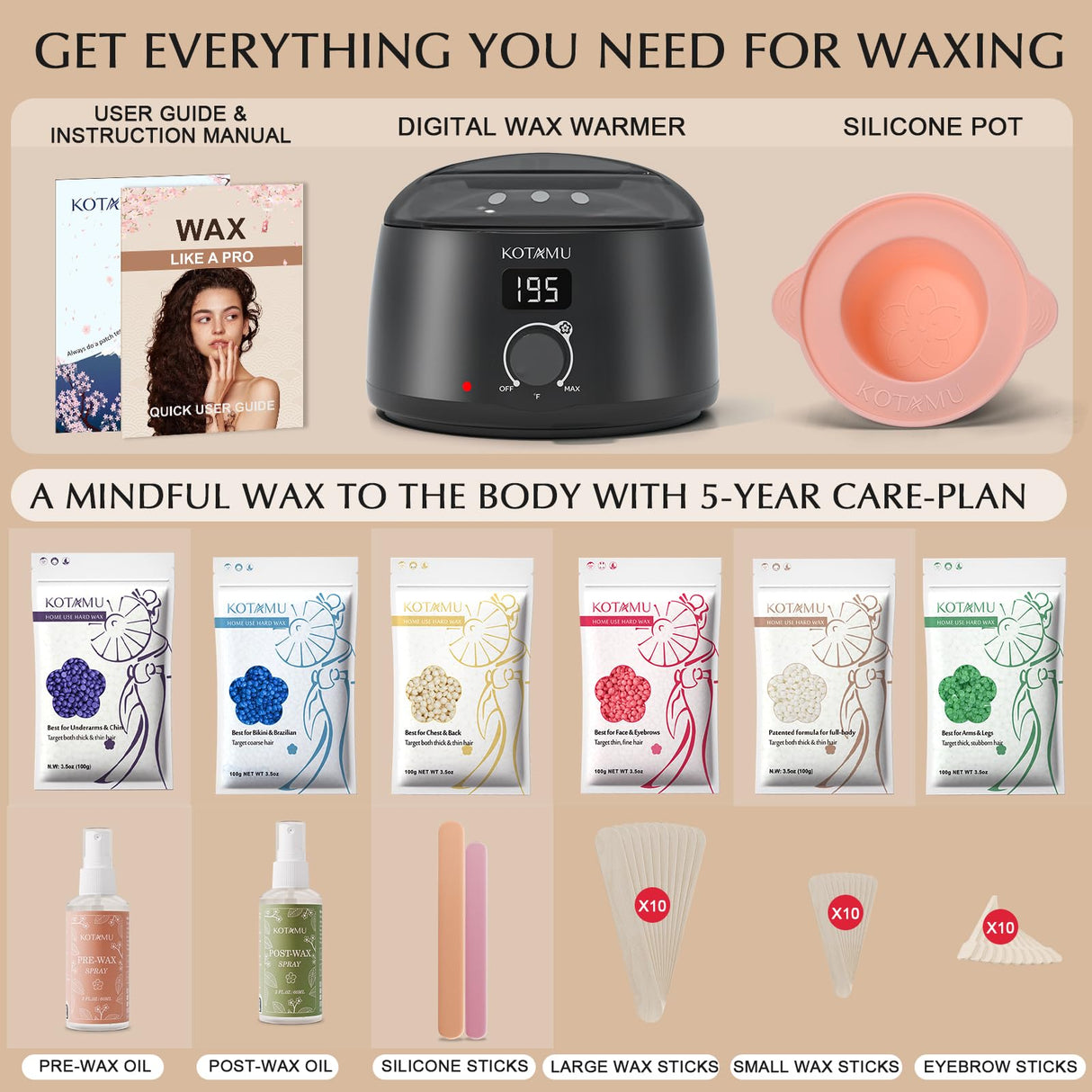 KOTAMU Waxing Kit-Professional Wax Warmer for Women& Men Hair Removal,Black Waxing Machine With Silicone Pot, Sensitive Skin Friendly Body Wax Kit Ideal for Face Bikin Brazilian Leg Home Salon