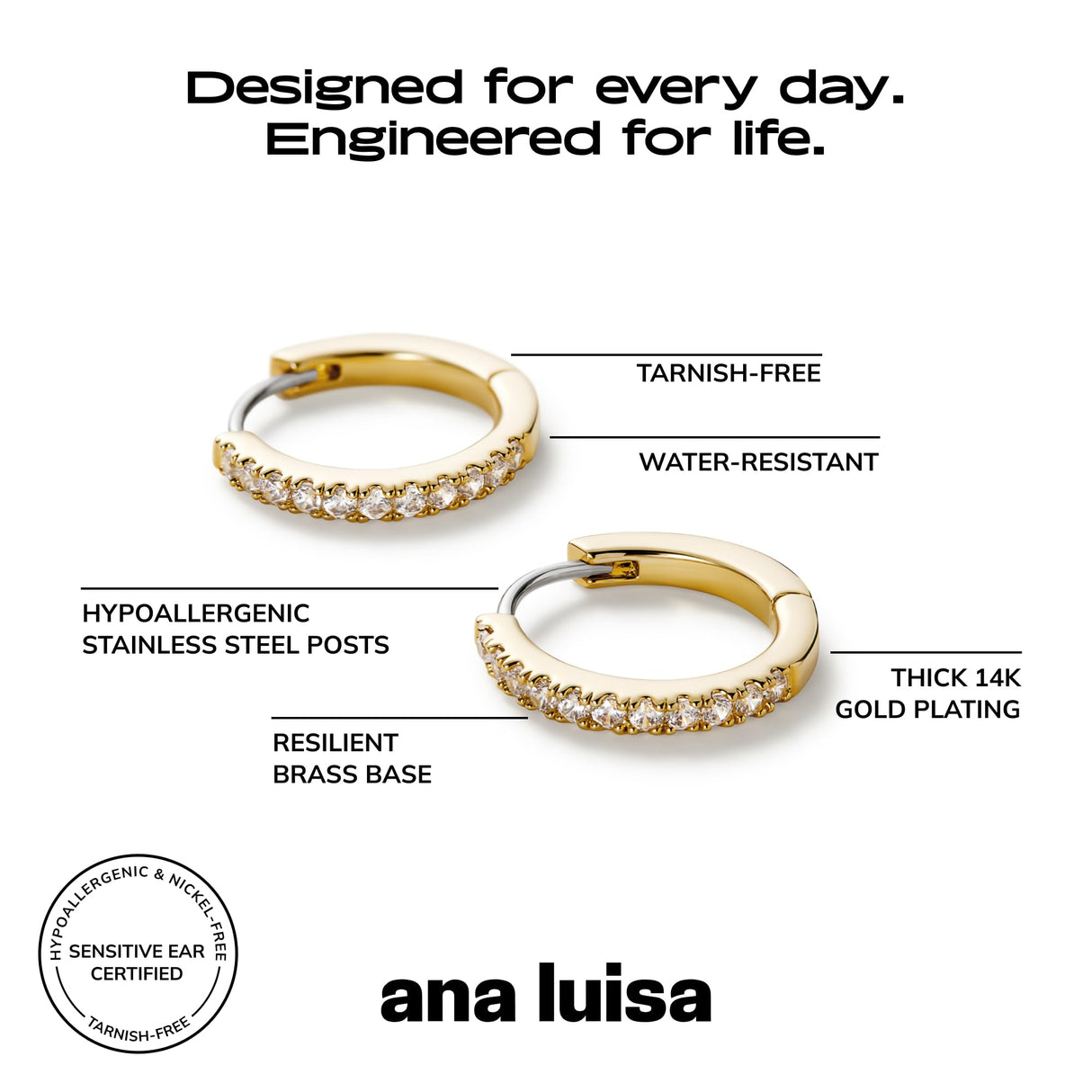 Ana Luisa Huggie Hoop Earrings - Minimal Single & Stacked Double Hoop Styles for Women - 14K Gold Plated, Silver Rhodium & Two-Tone - Hypoallergenic, Water-Resistant, Tarnish-Free