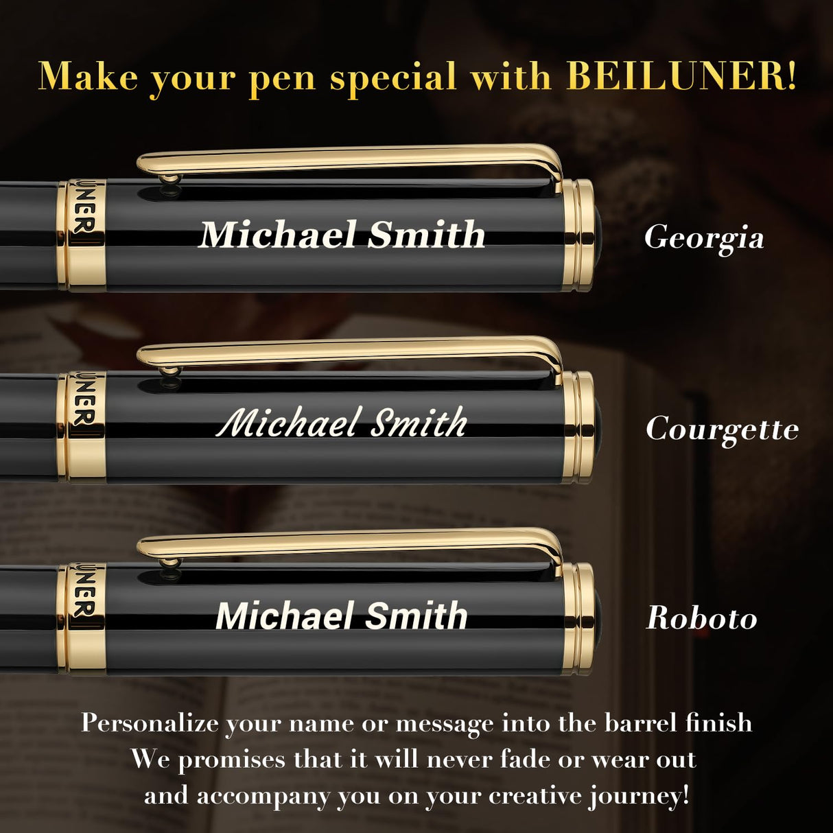 BEILUNER Black Personalized Pen,Stunning Luxury Lacquer With 24K Gold,Schneider Ink Refills,Multiple Fonts To Custom Rollerball,Gift Pen For Men & Women,Executive,Graduation,Christmas,Nice Pens