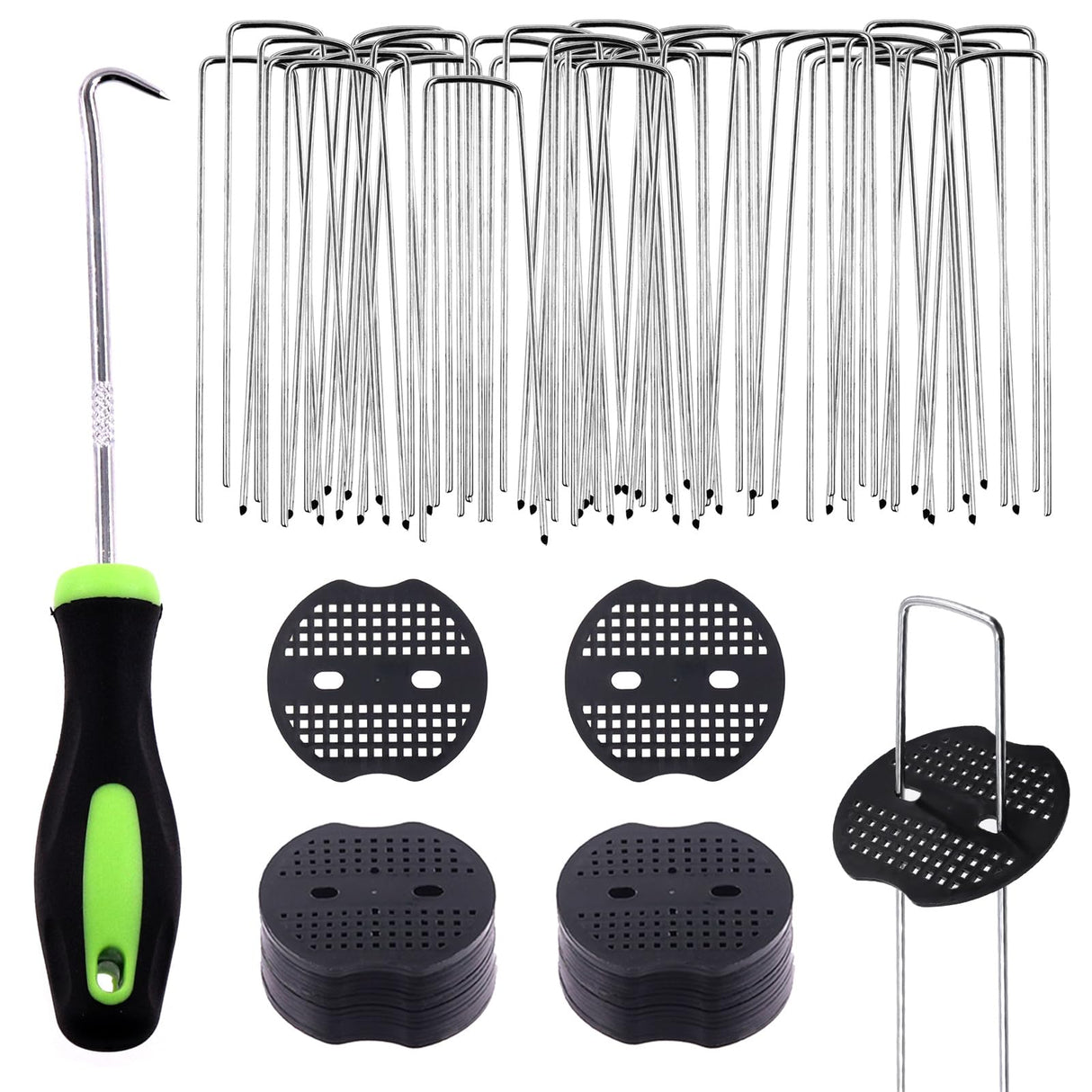 Swpeet 201Pcs U-Shaped Landscape Garden Stakes Staples and Plastic Fixing Gasket with Pick Hook Assortment Kit, Garden Lawn Landscape Staples for Irrigation Hoses, Fixed Fences, Artificial Turf Nails