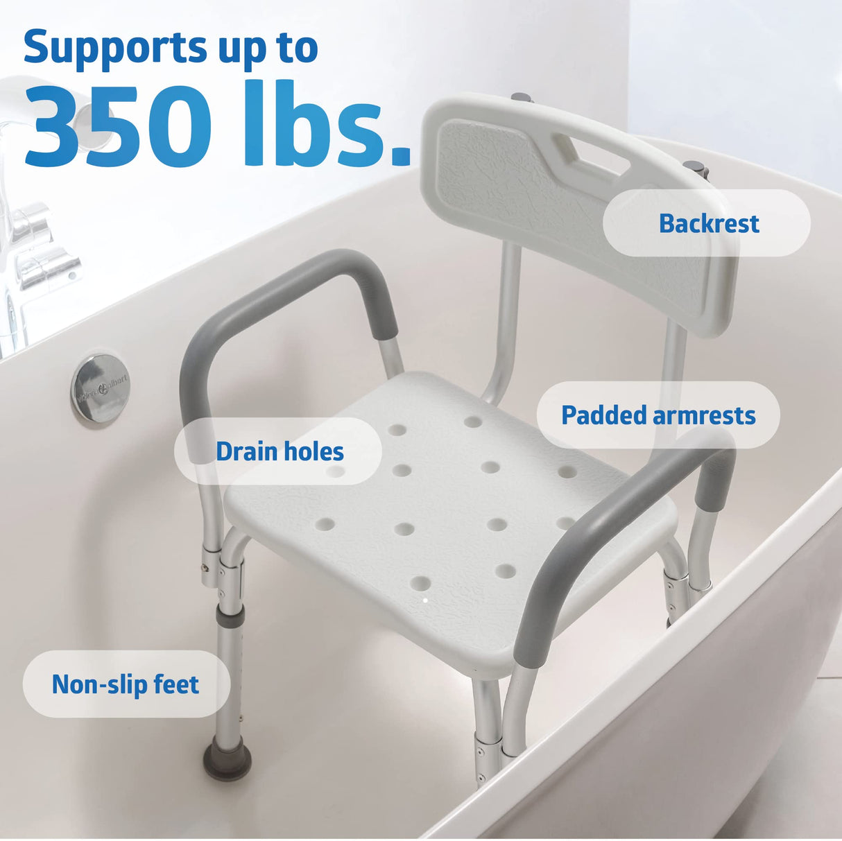 Medline Shower Chair Seat with Padded Armrests and Back | Heavy Duty for Bathtub | Slip Resistant with Adjustable Height | with 350 lb Capacity