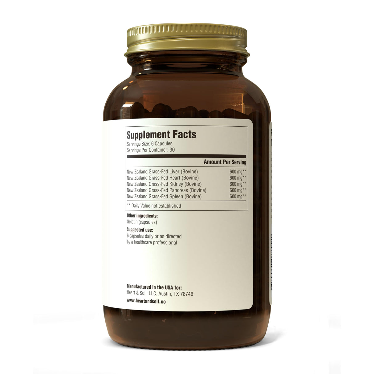 HEART & SOIL – 3000mg Grass-Fed Beef Organ Supplement for Women & Men with Liver, Heart, Kidney, Pancreas & Spleen for Full-Body Nutrition & Energy – Non-GMO, Allergen-Free – 180 Capsules