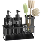 MASADI Kitchen Dish Soap Dispenser Set with Sponge Holder, 12OZ Glass Bottle, Hand and Dish Soap Dispenser Set, Non-Slip Silicone Pad, Brush Holder, Kitchen Sink Organizer Countertop (Black)