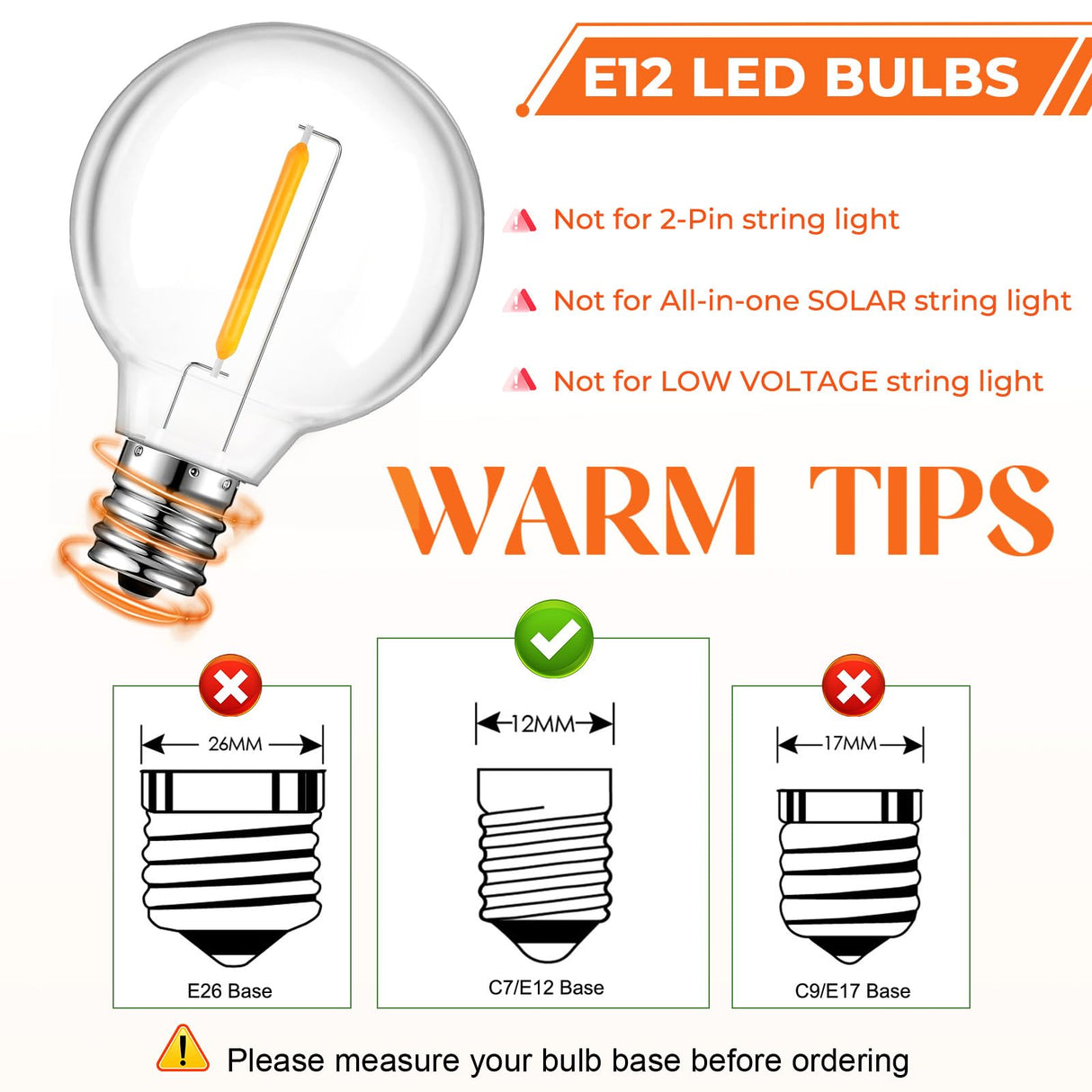 GvvooHome 50 Pack LED G40 Replacement Bulbs for String Lights, Shatterproof Plastic Globe Bulb for Indoor Outdoor Patio Decor, E12 Candelabra Socket Base, Warm White