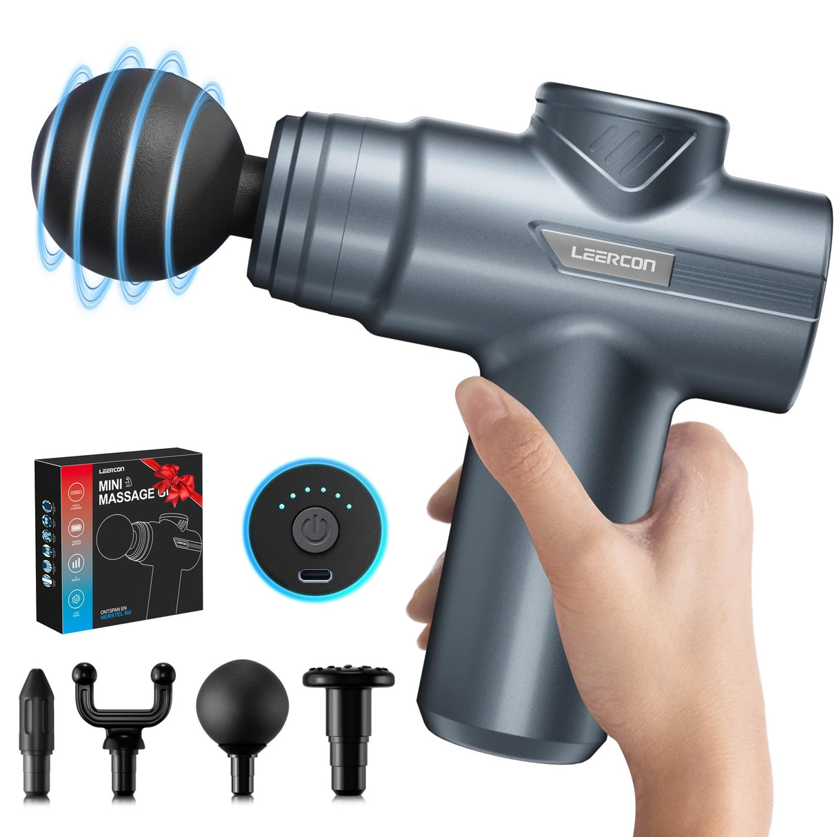 LEERCON Mini Massage Gun, Compact Deep Tissue Massager, 6 Speeds, 4 Heads, Fashion Lighting, Ideal Gift for Men & Women (Blue)