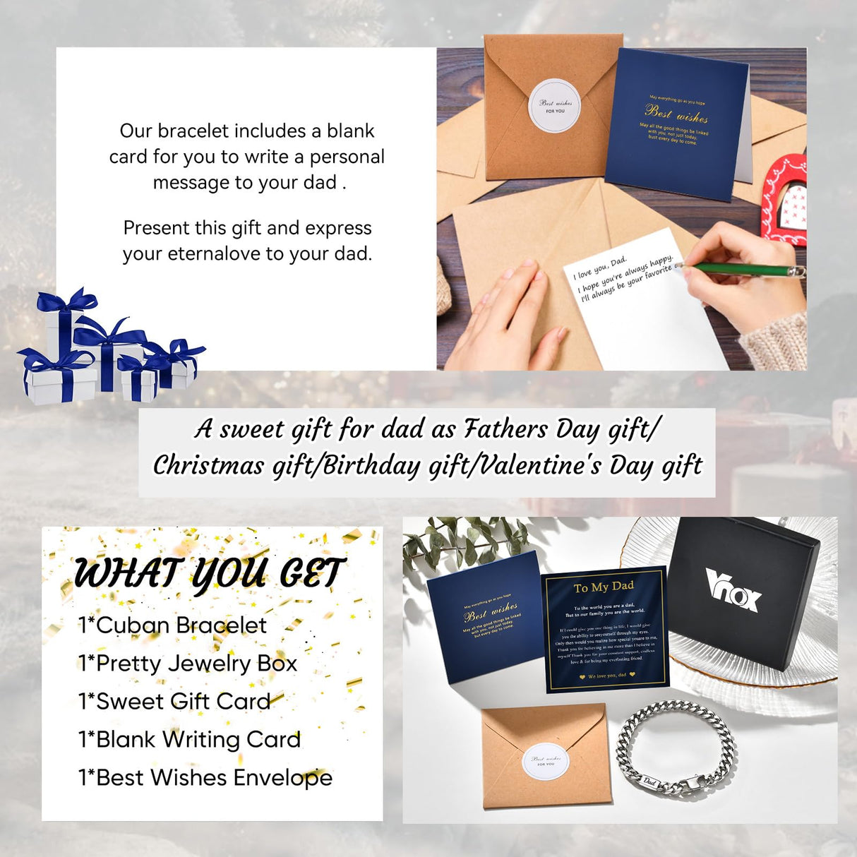 VNOX Gift for Dad from Daughter Son Silver Stainless Steel Cuban Link Chain Bracelet Day Father Birthday Valentines Ideas for New Daddy Stepdad,8.3 Inches