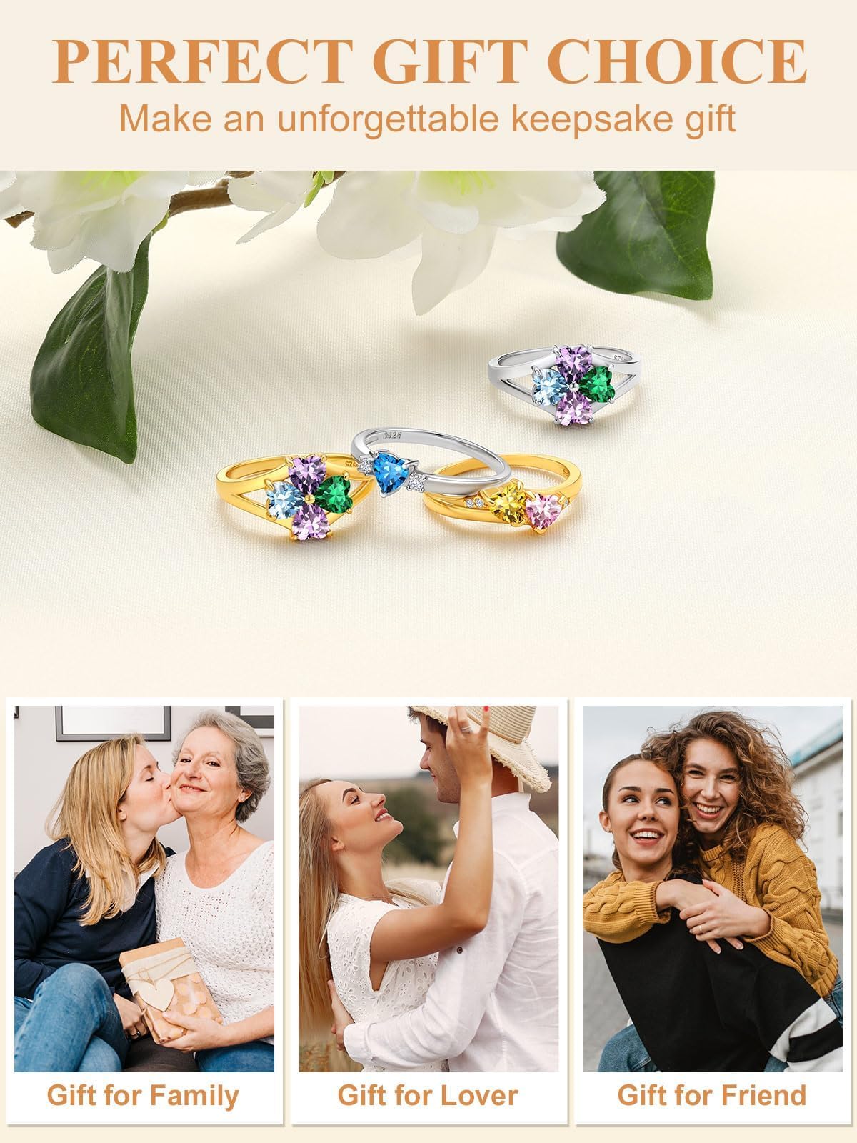 Custom4U Personalized Mothers Ring 3 Birthstones Rings for Women Custom