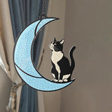Black and White Cat Moon Suncatcher - Cat Loss Sympathy Gift, Tuxedo Stained Glass Hanging Ornament for Memorial Home Decor