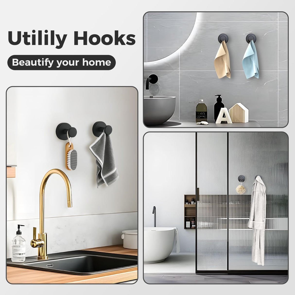 WingWider Shower Hooks for Inside Shower,Suction Cup Hooks for Glass Window,Removable Towel Hooks for Bathrooms,4 Packs(Black)