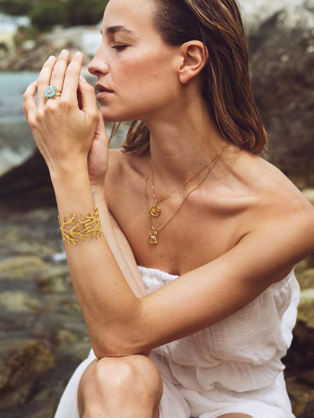 WOWORAMA Chunky Gold Coral Reef Bracelet for Women