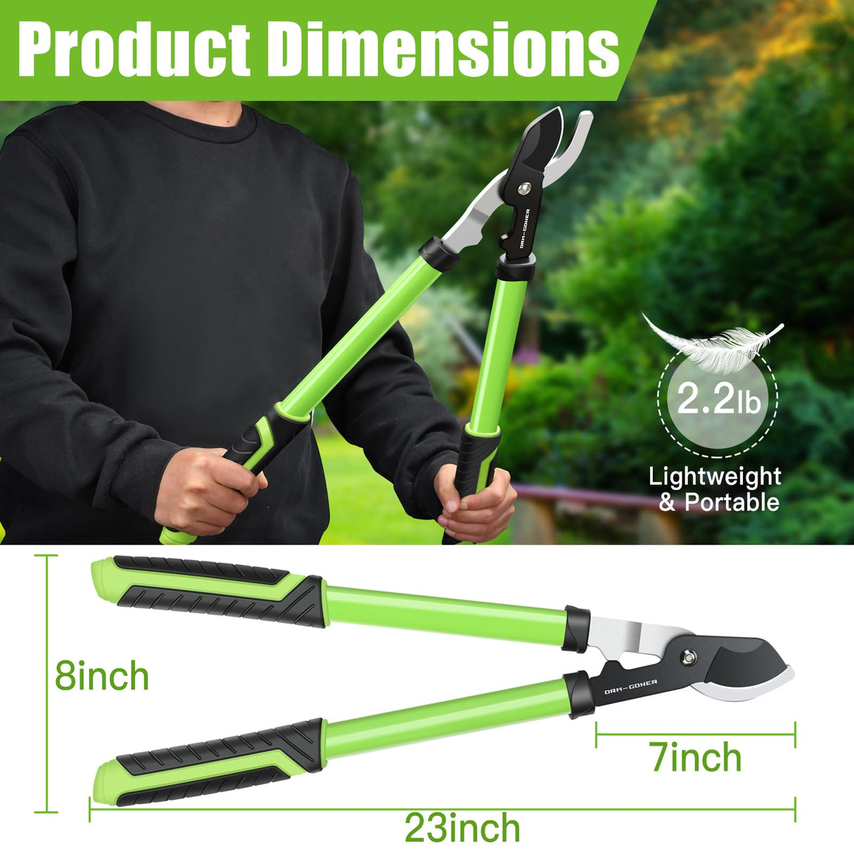 DRM-GDNER 23" SK5 Dual-Blade Loppers Cuts 2" Dry/Wet Branches - Triangular Steel Tube & SecureLock, Heavy Duty Tree Trimmers Green/Black