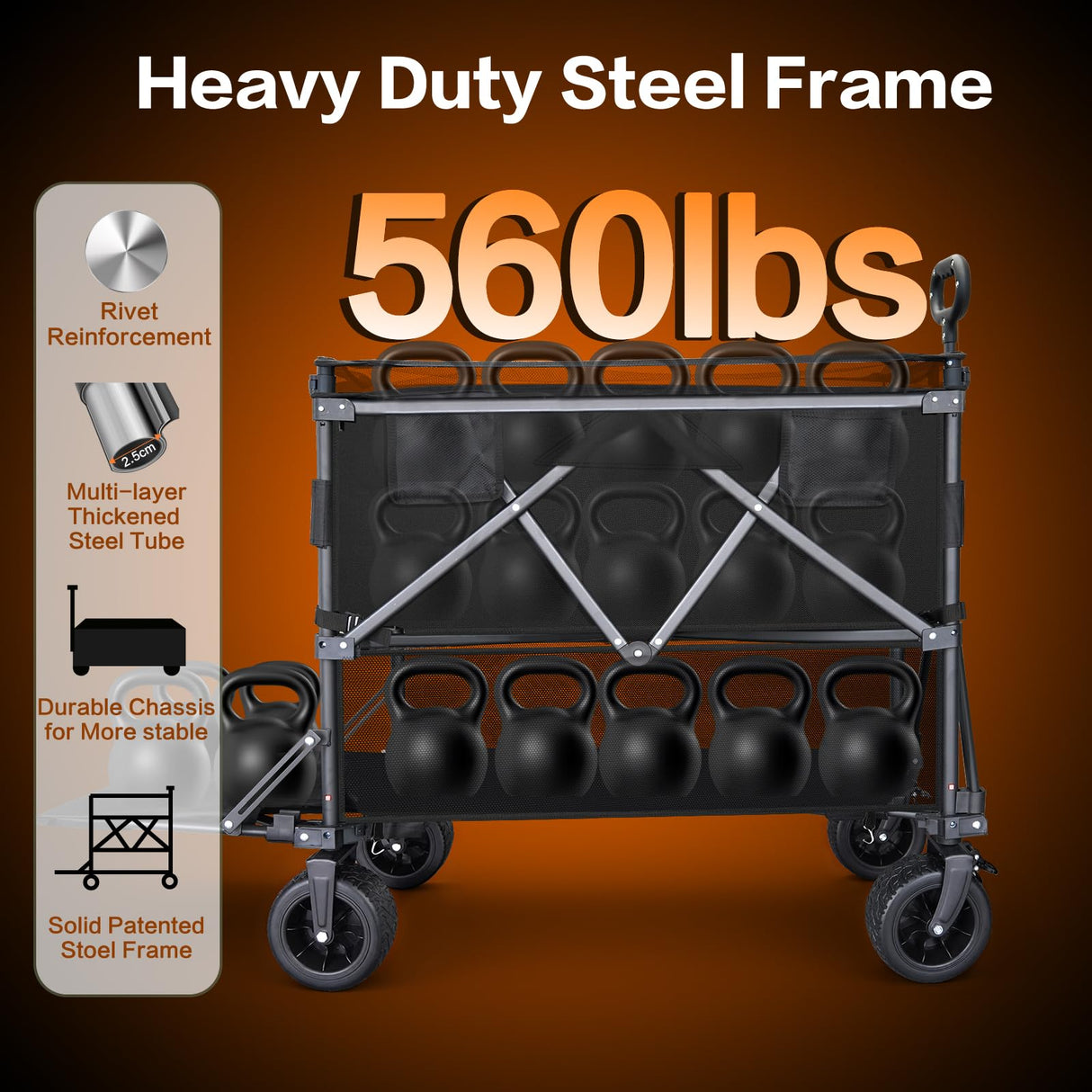 Double Decker Wagon with Retractable Mesh & Tailgate - 560Lbs Load Heavy Duty Foldable Collapsible Wagon Cart with Wheels for Camping, Groceries, Sports (Black)