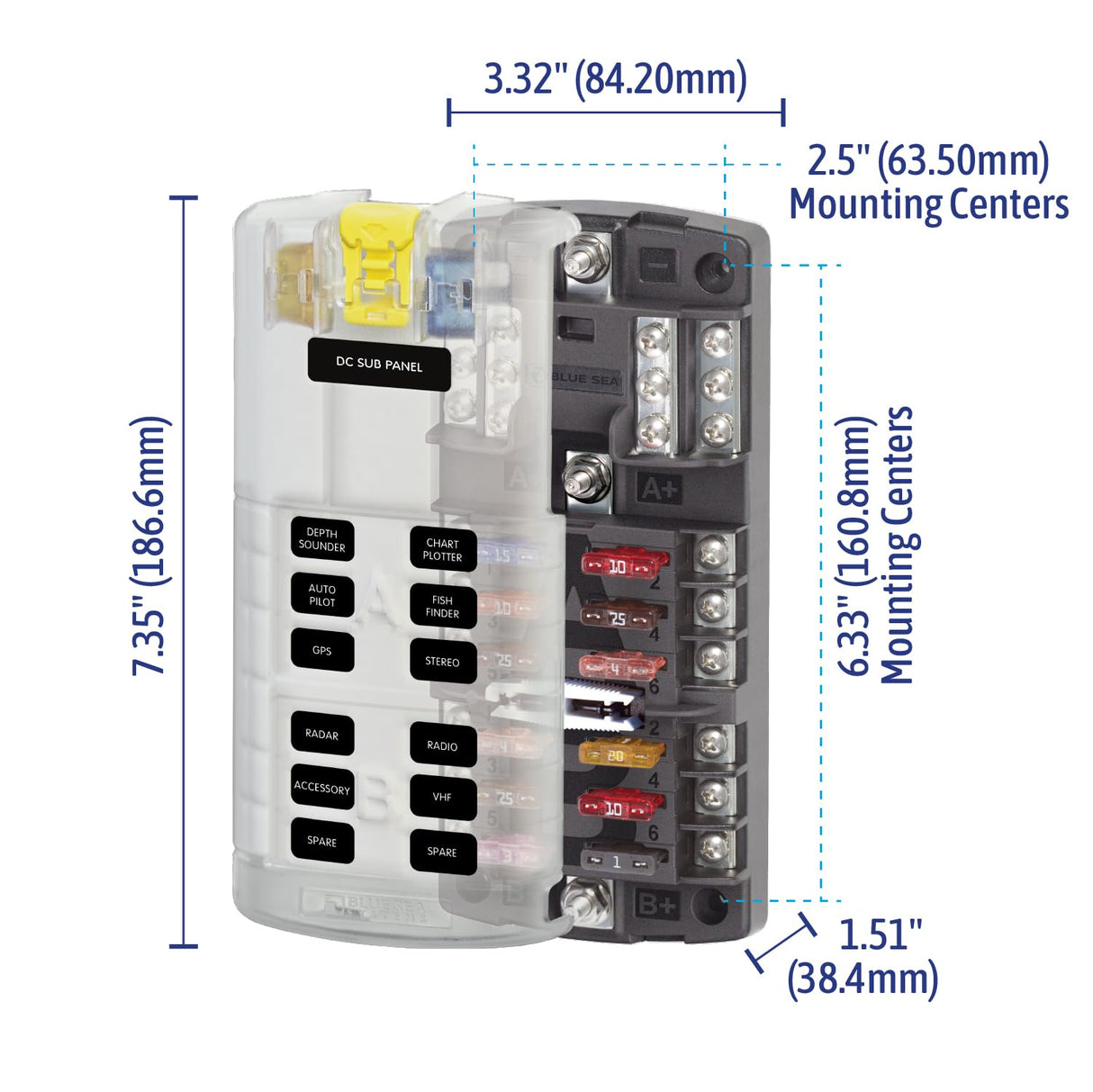Blue Sea Systems ST Blade Fuse Block Dual 12 Circuit with Ground and Cover, 100 Amps, 5032