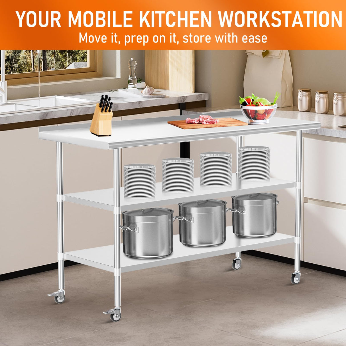 HOCCOT Stainless Steel Prep Table 24" X 60" with 2 Adjustable Undershelves, Backsplash and Wheels, Commercial Metal Workstations for Kitchen, Garage, Outdoor BBQ