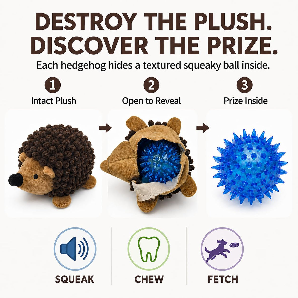 2-in-1 No-Stuffing Hedgehog Dog Toys 3 PCS, Squeaky Ball for Throwing Play