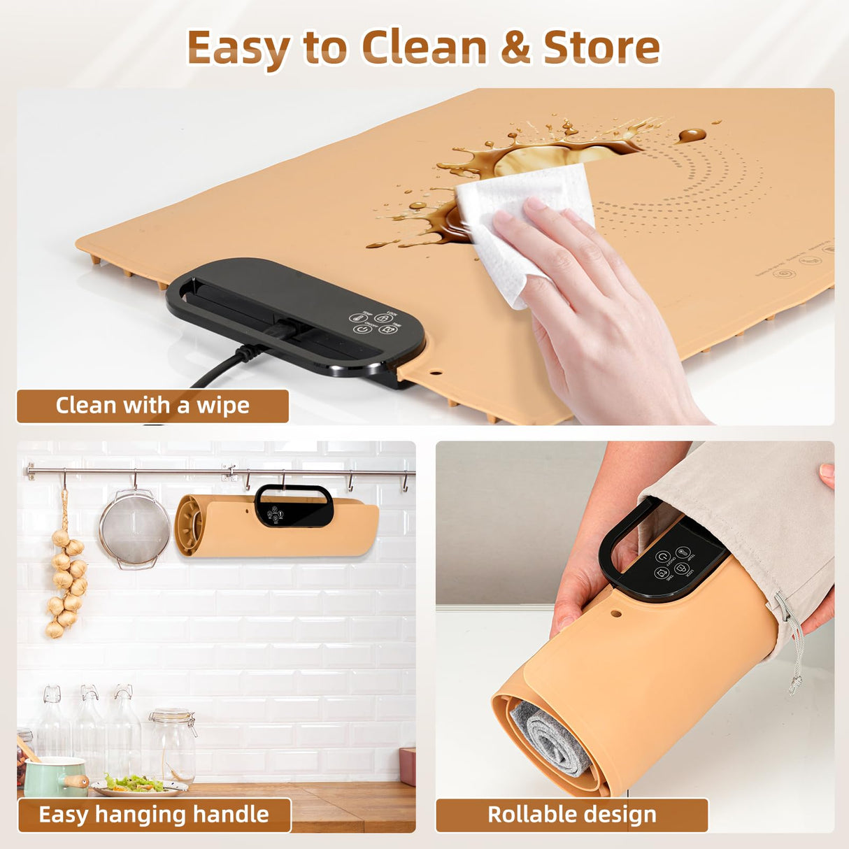 Food Warming Mat – Fast Heating Electric Warming Tray with 7 Temp Settings, 11-Hour Timer & Auto Shut-Off, Foldable Silicone Mat with Child Lock, Portable Warming Pad for Buffets, Holidays – Brown