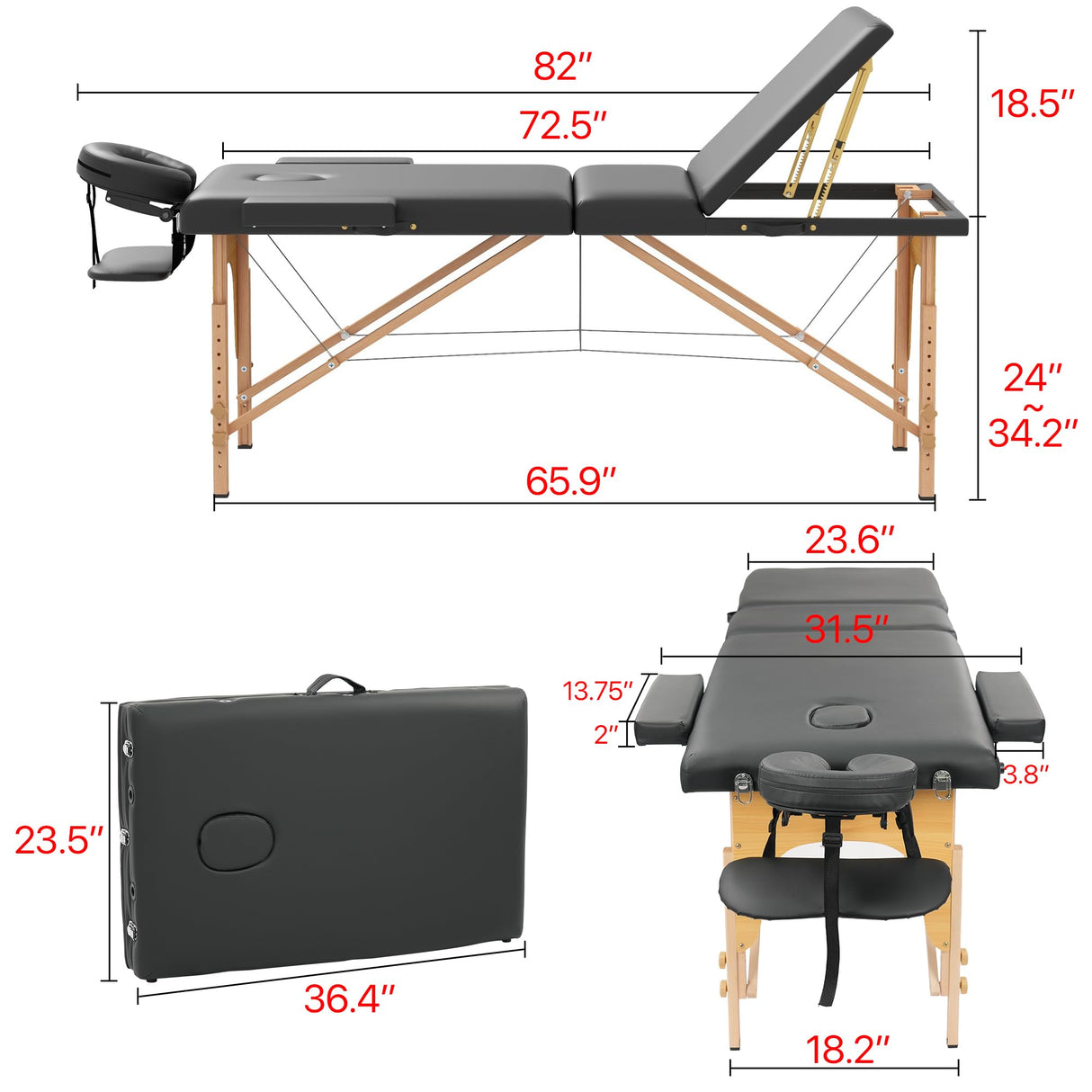HENGJIANYI Massage Table Massage Bed, Portable 3 Section Foldable Tattoo Bed, Height Adjustable Lash Spa Bed with Face Cradle, Home Light Weight Facial Salon Bed with Wood Frame, Black