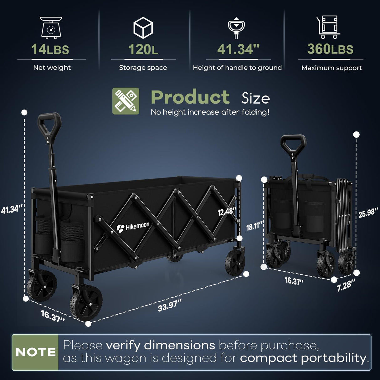 HIKEMOON 34'' Extra Long Folding Portable Wagon Cart, 120L 360LBS Black