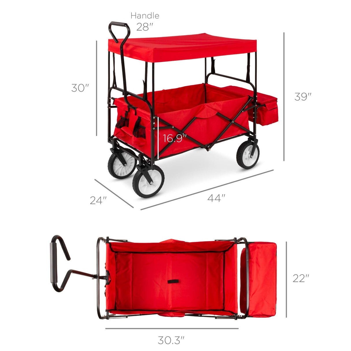Best Choice Products Collapsible Folding Outdoor Utility Wagon with Canopy Garden Cart for Beach, Picnic, Camping, Tailgates w/Removable Canopy, Detachable Pockets, 150lb Weight Capacity - Red