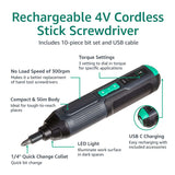 Amazon Basics by SKIL 4V Cordless Stick Screwdriver with 10-Piece Bit Set, USB Cable, LED Light, 3 Torque Settings
