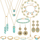 NEWITIN 15 Pieces Gold Bohemian Jewelry Set for Women Turquoise Jewelry Set