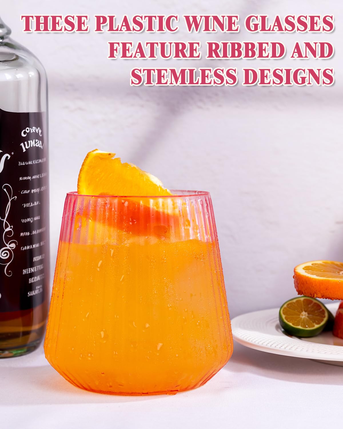 30 Pack Pink Plastic Ribbed Wine Glasses, 14 OZ Origami Stemless Disposable Wine Champagne Whiskey Glasses Unbreakable Clear Plastic Cocktail Glasses, Reusable Wine Cups for Party Wedding & Christmas