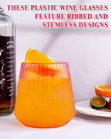 30 Pack Pink Plastic Ribbed Wine Glasses, 14 OZ Origami Stemless Disposable Wine Champagne Whiskey Glasses Unbreakable Clear Plastic Cocktail Glasses, Reusable Wine Cups for Party Wedding & Christmas