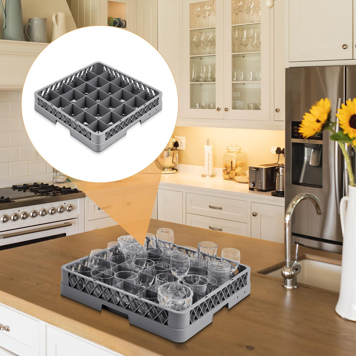 Aurelema 1 Pack Commercial Dishwasher Tray Rack Polypropylene Full Size Flatware Rack for Bowls Plates Knives Forks Cups (25 Grid,Gray)