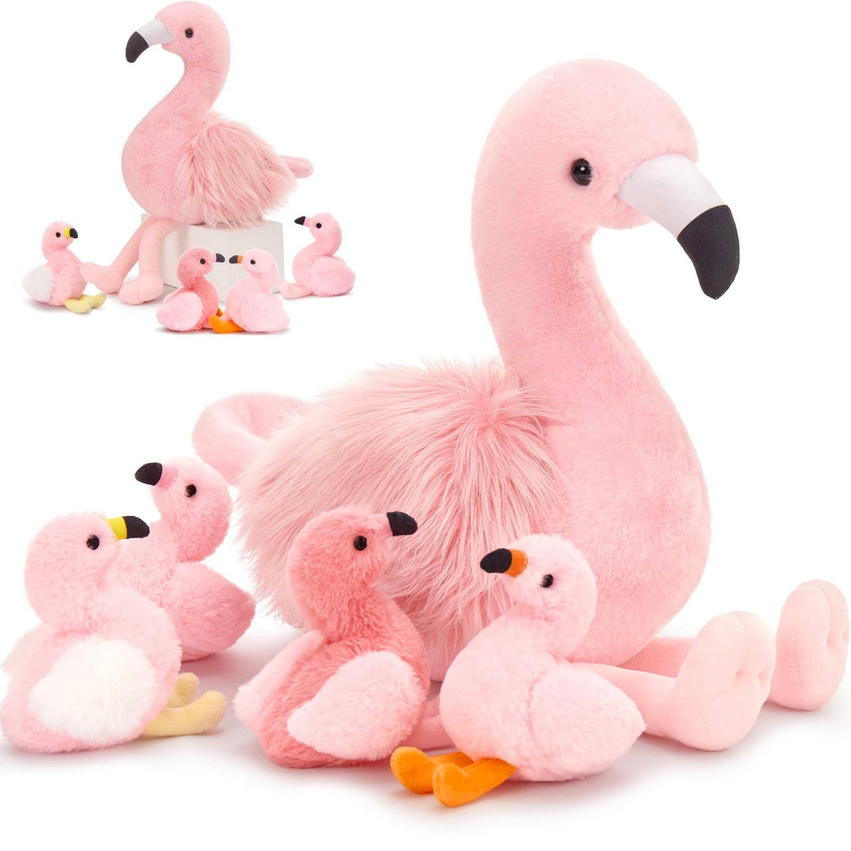 MorisMos Plush Flamingo Stuffed Animals-18in Mommy Stuffed Flamingo with 4 Baby Bird Toys for Girls Boys,Pink Bird Stuffed Animal Gift for Kids Women Birthday Decor Baby Shower Christmas