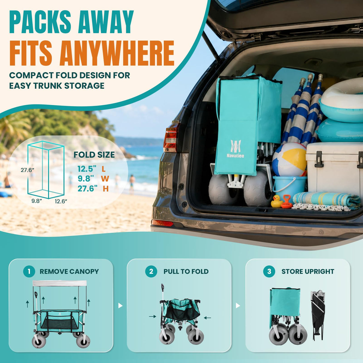 Navatiee Beach Wagon with Big Balloon Wheels for Sand, 200L Extra Large Beach Cart with Canopy, 440Lbs Heavy Duty Folding Wagon Collapsible with 9" Tires & Side Pocket for Beach, Outdoor, Light Blue