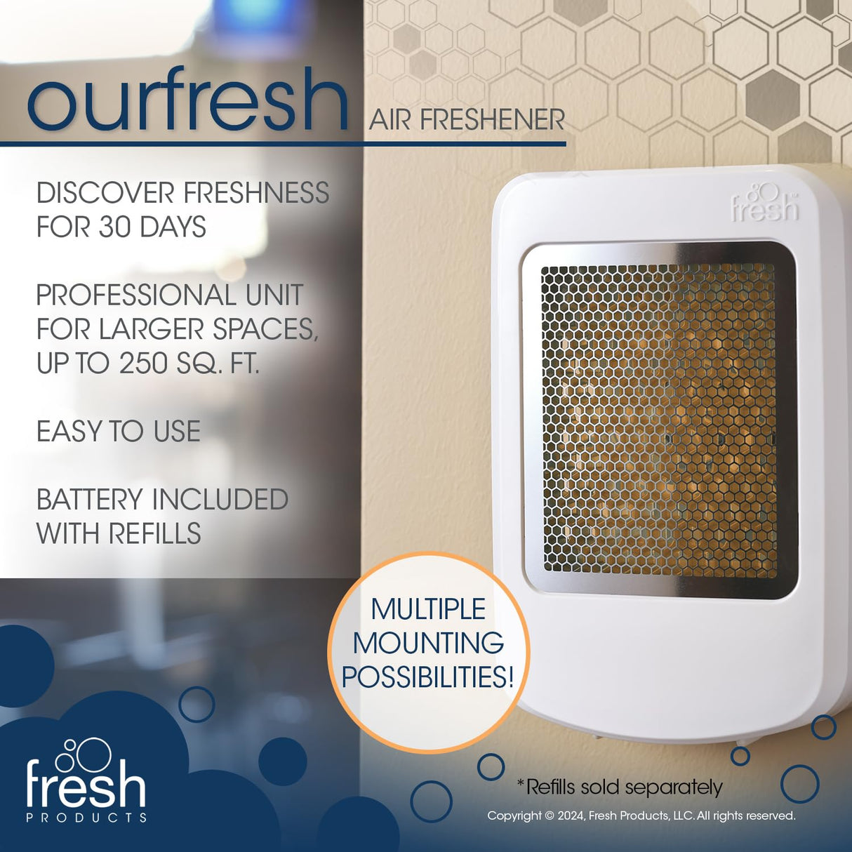 Fresh Products ourfresh 2 Air Freshener Replace Metered Aerosol with Dry Fragrance 30 Day Use Medium Sized Spaces Light Activated Battery Operated Refill Reminder White Dispenser 1 pk