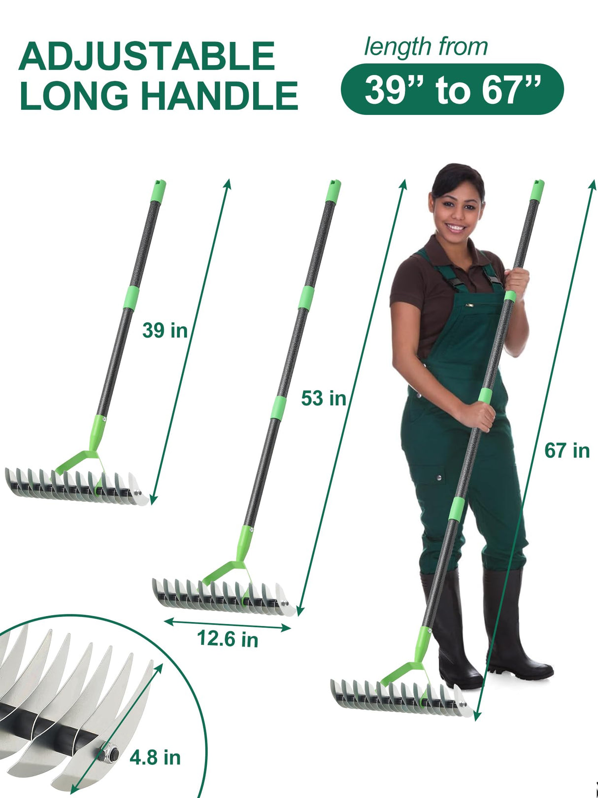 Thatch Rake for Lawns, Heavy Duty Garden Dethatcher Rakes with 46" Adjustable Long Handle, Double-Sided Sharp Tines for Dead Grass Moss Removal, Manual Metal Soil Loosening Thatching Tools for Yard