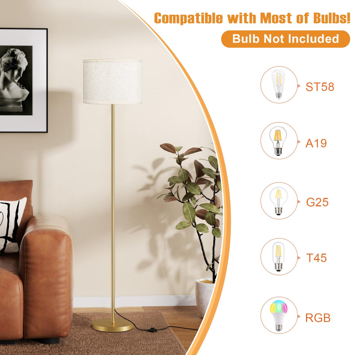 Ambimall 60'' Modern Floor Lamp with Shade, Tall Lamps for Living Room, Bedroom, Office, Dining Room, Beige Shade with Gold Pole(Without Bulb)