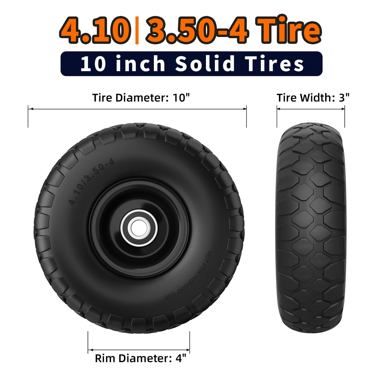 RONPOW 4.10/3.50-4 Flat Free Tire, 10 Inch Solid Tires, 500Lb Heavy Duty Replacement Wheel with 5/8" Bearings, Compatible with gorilla Cart, Garden Carts, Dump Wagons, Dolly & Hand Trucks, 2Pack Black